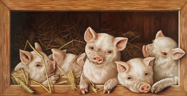 Painting of five piglets looking out of a wooden crate of straw — watermark removed by GoStudio Pro