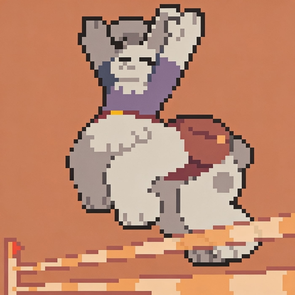 Pixel-art figure stretching on a wooden ledge against an orange background — watermark removed by GoStudio Advanced