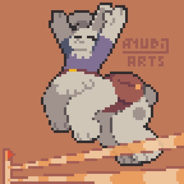 Pixel-art figure stretching on a wooden ledge against an orange background