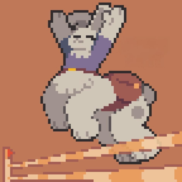Pixel-art figure stretching on a wooden ledge against an orange background — watermark removed by GoStudio Lite