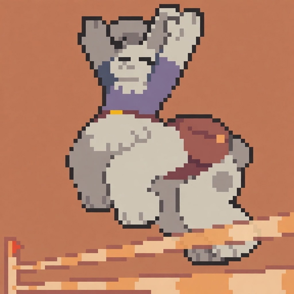 Pixel-art figure stretching on a wooden ledge against an orange background — watermark removed by GoStudio Pro
