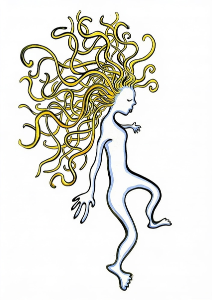 Line drawing of a figure with long golden snake-like hair — watermark removed by GoStudio Advanced