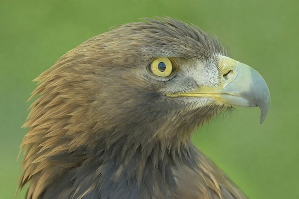 Close-up of a golden eagle’s head against a green background — watermark removed by GoStudio Pro