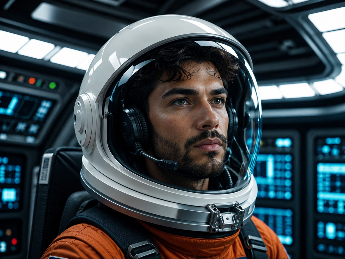 Man in an orange space suit sitting in a spaceship, wearing a helmet and headphones — after creative AI upscaling