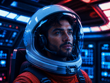 Man in a space suit sitting in a spaceship, wearing a helmet and surrounded by screens and lights — before creative AI upscaling