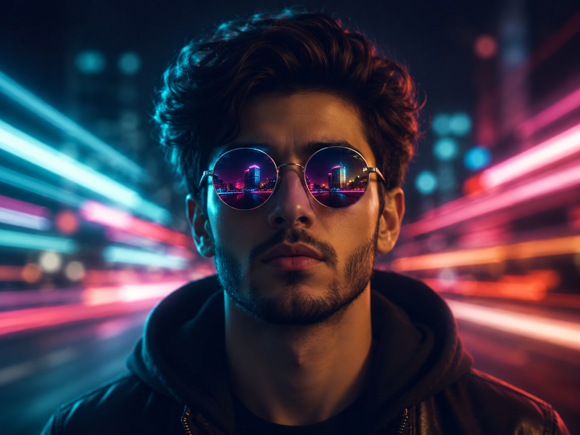 Man wearing sunglasses standing in front of a city skyline at night — after creative AI upscaling