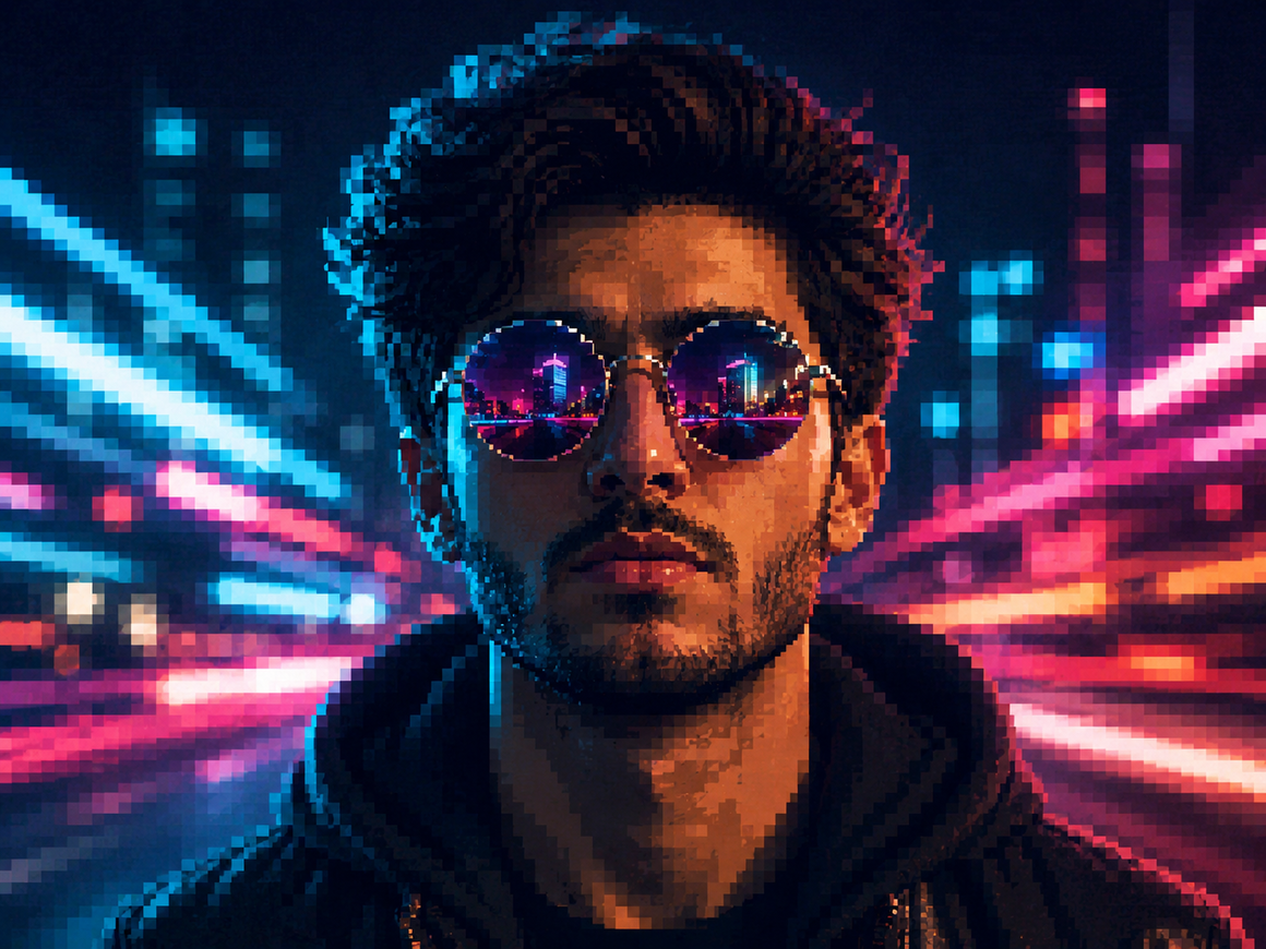 Man wearing sunglasses standing in front of a city at night — before creative AI upscaling