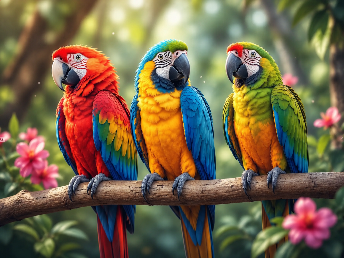 Three colorful parrots sitting on top of a tree branch surrounded by lush green leaves and vibrant flowers — after creative AI upscaling