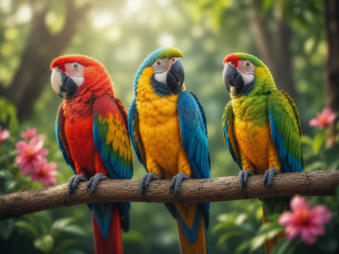 Three colorful parrots sitting on top of a tree branch surrounded by lush green trees and vibrant flowers — before creative AI upscaling