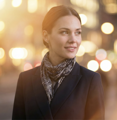 Woman in a business suit and scarf standing in front of a city skyline, with a warm smile on her face — sample image to deblur