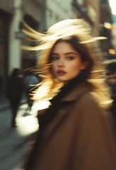 Woman in a brown coat walking down the street with her hair blowing in the wind — sample image to deblur