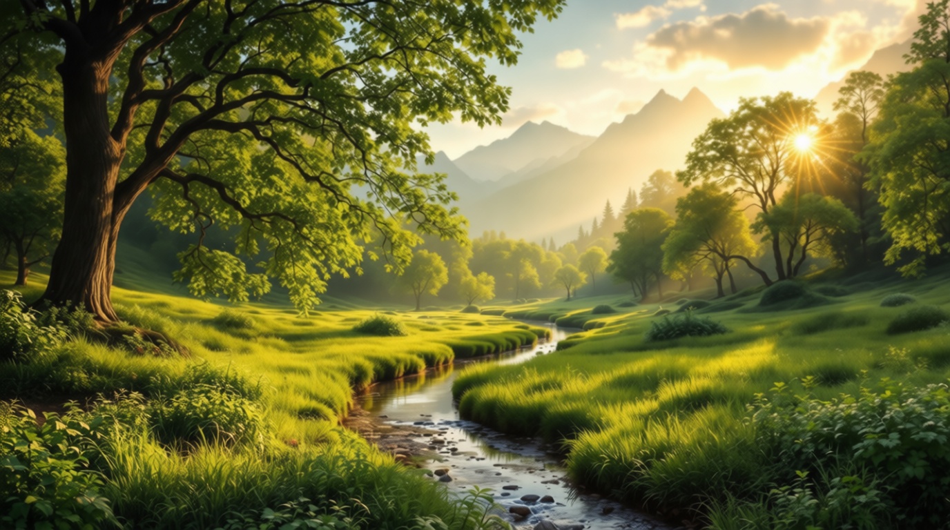 Lush green forest with a stream running through it, surrounded by trees, plants, grass, and stones — before AI deblur