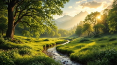 Lush green forest with a stream running through it, surrounded by trees, plants, grass, and stones — sample image to deblur