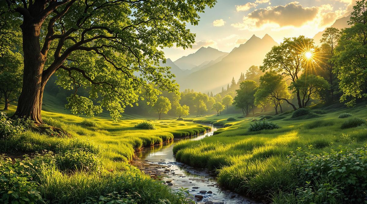 Lush green valley with a stream running through it, surrounded by trees, plants, grass, and stones — after AI deblur