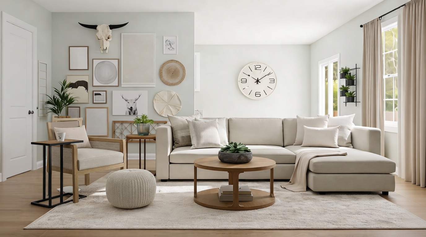 Living room with a sofa with pillows and a cloth, a table with a houseplant and other objects — after AI noise removal
