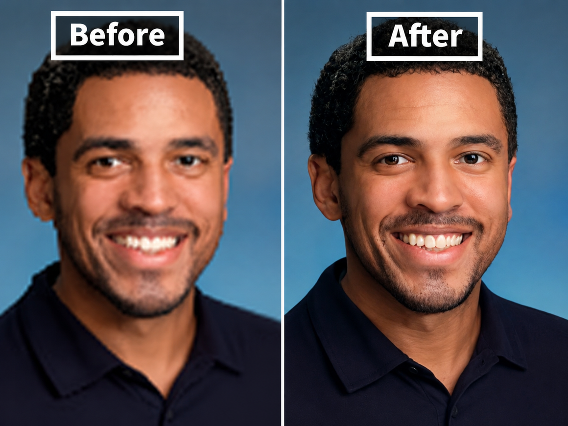 Before and after photo of a man's smile, with the before photo on the left and the after photo in the center — AI enlargement Before and after photo of a man's smile, with the before photo on the left and the after photo in the center — AI enlargement
