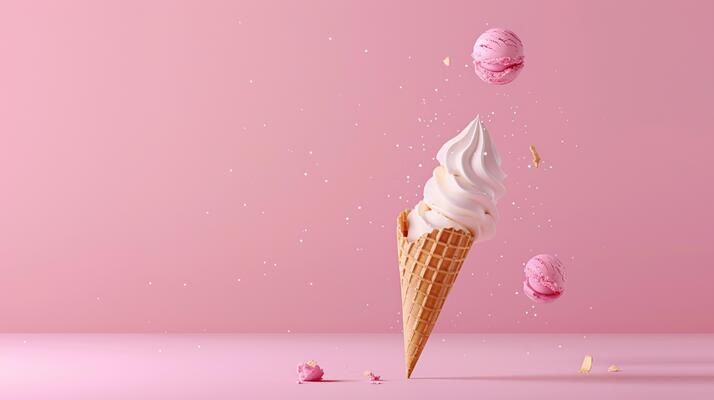 Ice cream cone with pink macarons flying out of it on a pink background — after AI enlargement
