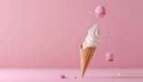 Ice cream cone with pink macarons flying out of it, set against a pink background — sample image to enlarge