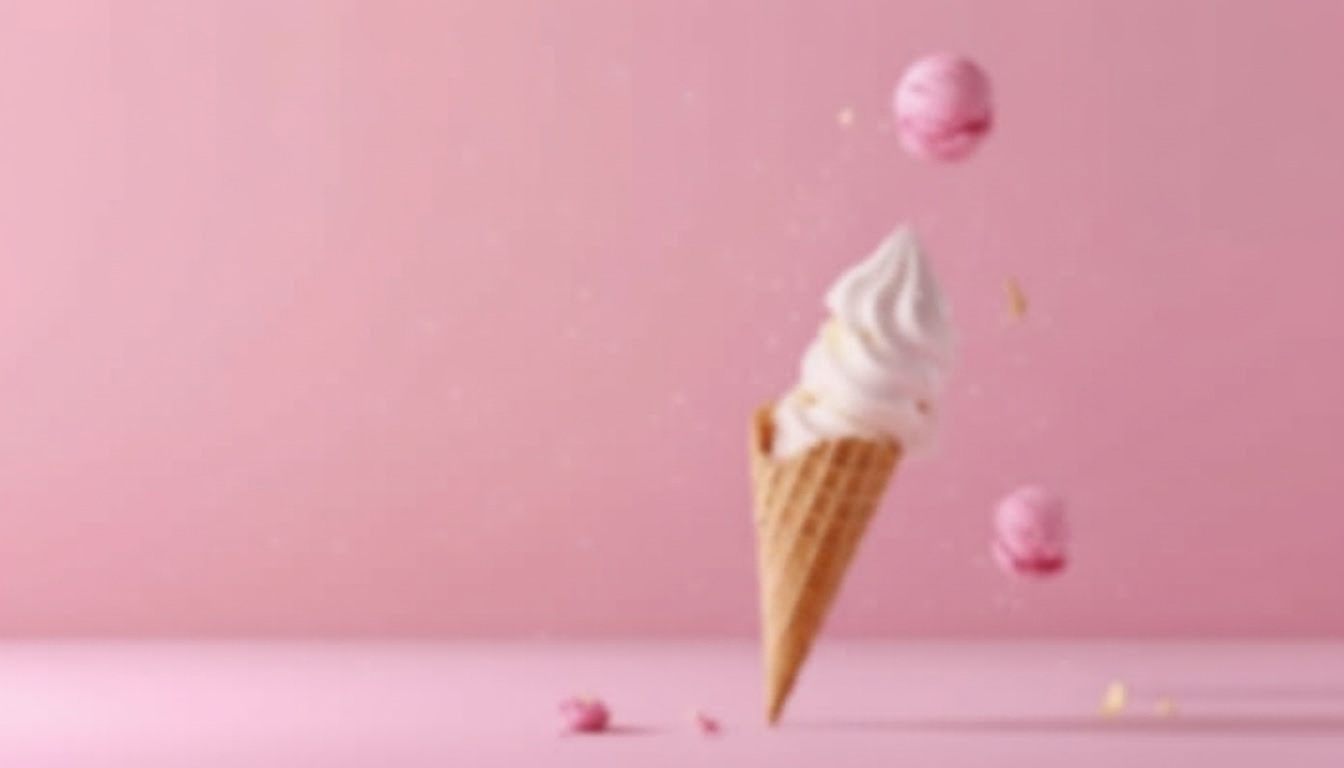Ice cream cone with pink macarons flying out of it, set against a pink background — before AI enlargement