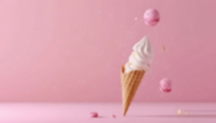 Ice cream cone with pink macarons flying out of it, set against a pink background — sample image to enlarge