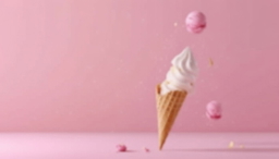 Ice cream cone with pink macarons flying out of it, set against a pink background — sample image to enlarge