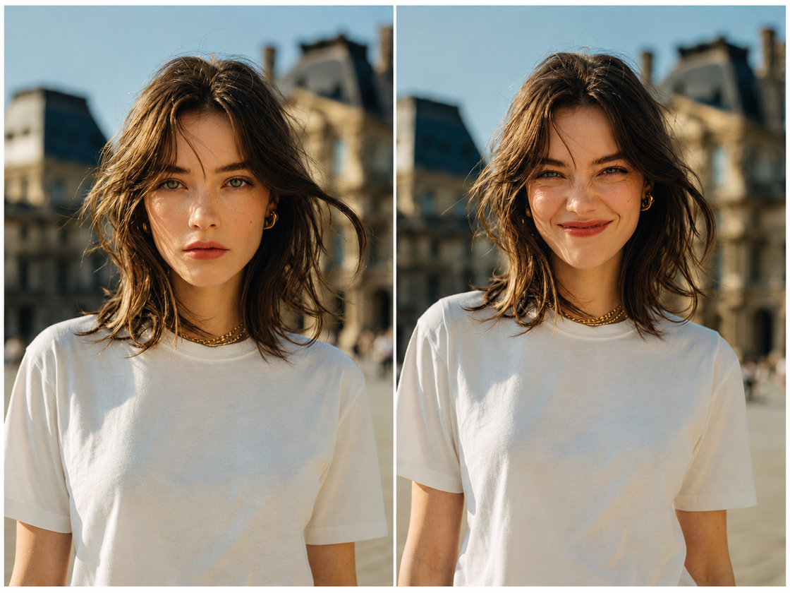 Side-by-side before and after images of a woman in a white t-shirt showing confident and playful expressions, with identity preserved.