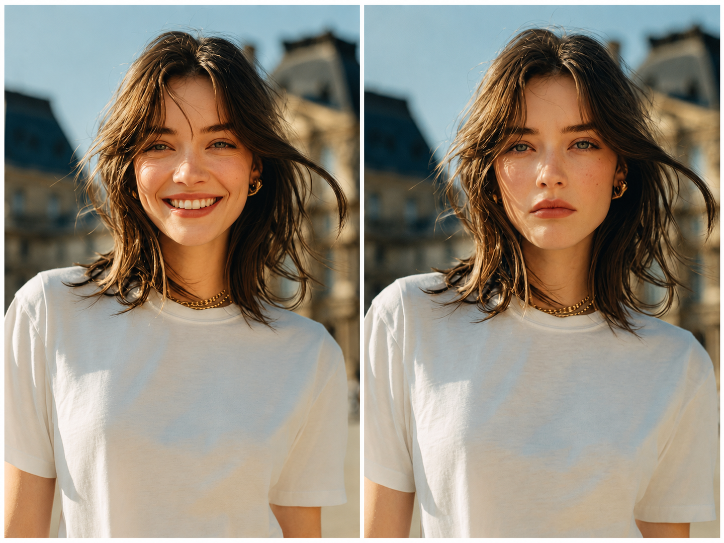 Side-by-side comparison of a person smiling and then sad. The person wears a white t-shirt and gold necklace in front of buildings and blue sky.