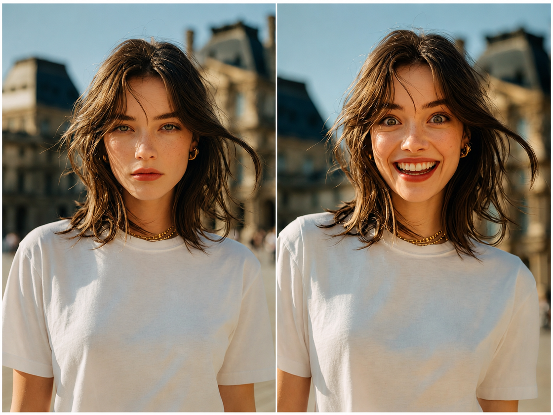 Before and after AI face expression change. Left, a person in a white t-shirt with a sad expression. Right, the same person smiling in front of buildings and a clear blue sky.