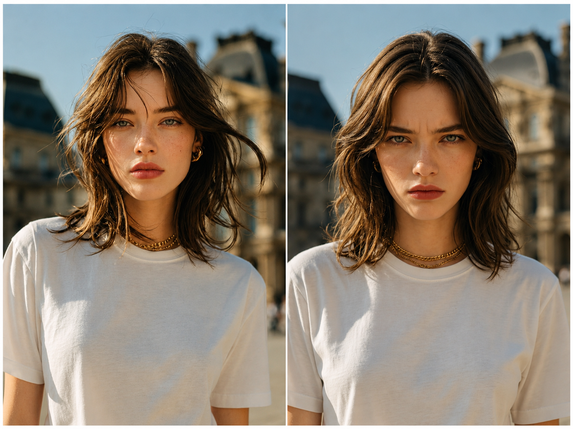 Side-by-side comparison of a person in a white t-shirt, serious on left, sad on right, with blurred building background.