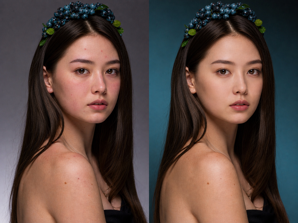 Before and after of AI blemish and texture cleanup — spots removed while pores stay visible Before and after of AI blemish and texture cleanup — spots removed while pores stay visible