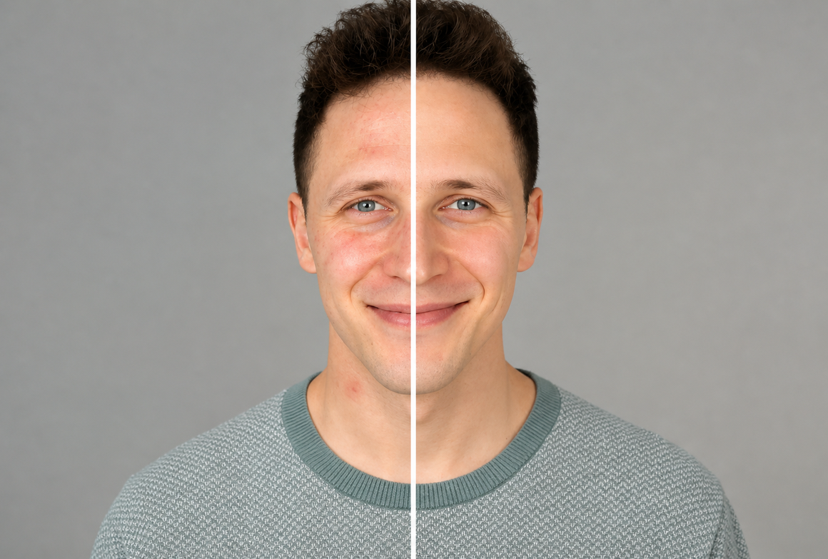 Before and after of editorial-grade AI beauty retouch finish applied in one click Before and after of editorial-grade AI beauty retouch finish applied in one click