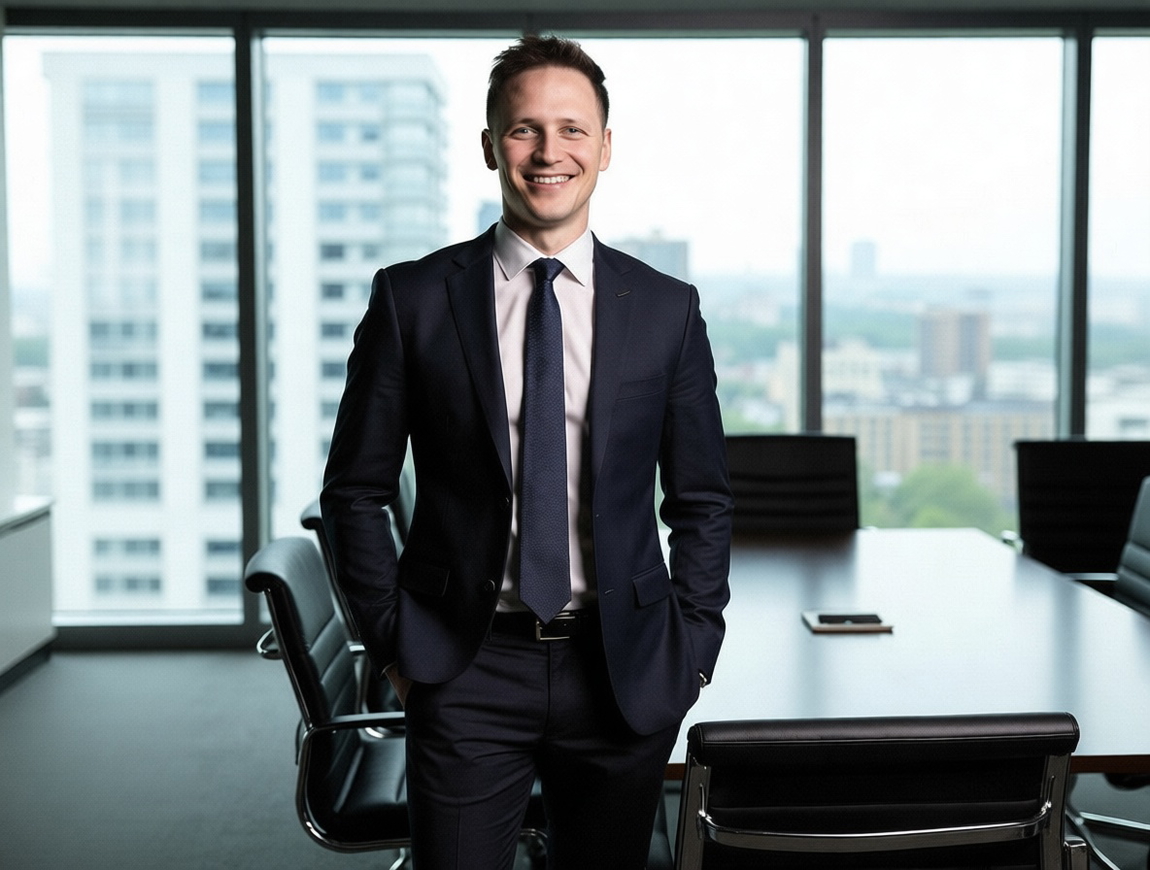 AI-generated full-body portrait of a man in a suit by a conference table, with a cityscape behind him. AI-generated full-body portrait of a man in a suit by a conference table, with a cityscape behind him.