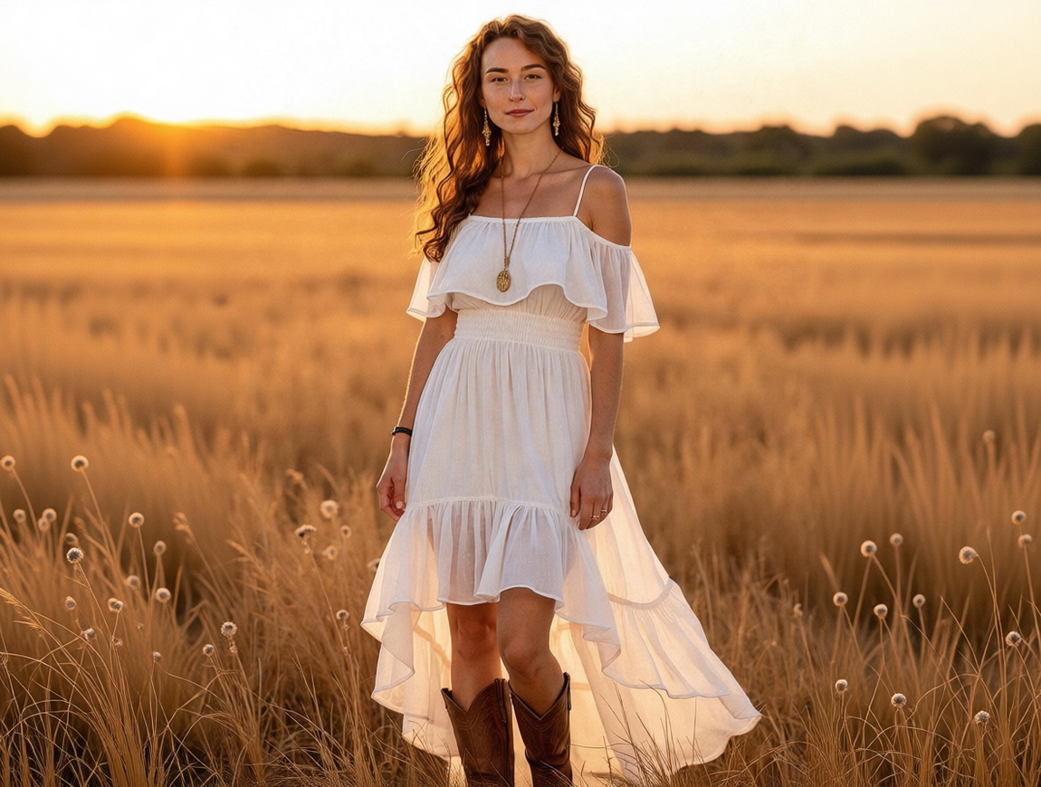Photorealistic AI-generated full-body portrait of a woman in a white dress and brown boots in a field at sunset. Photorealistic AI-generated full-body portrait of a woman in a white dress and brown boots in a field at sunset.