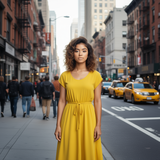 A woman in a yellow dress stands on a city street, surrounded by pedestrians, vehicles, and buildings. Full-body portrait sample generated by AI.