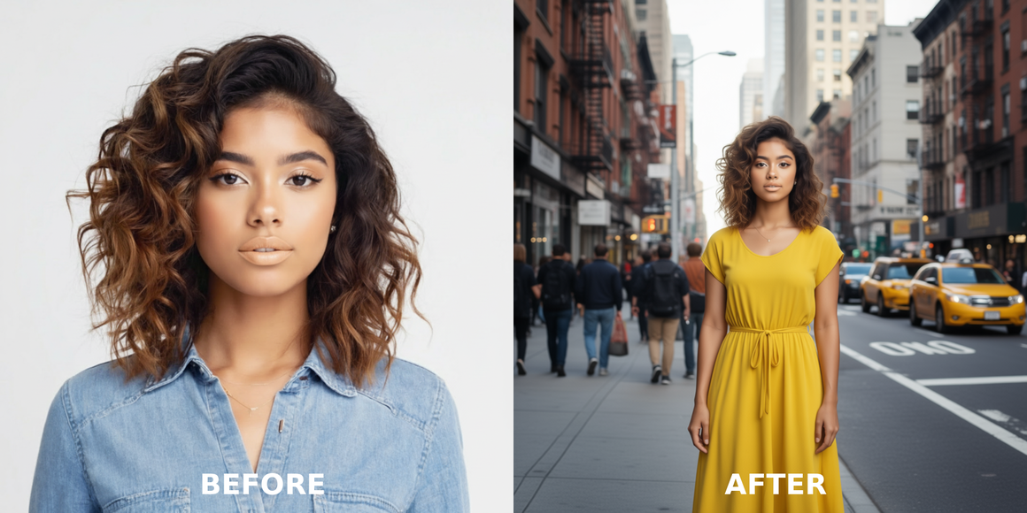 Before/after: a woman's face photo on the left, her AI-generated full-body portrait in a yellow dress on the right. Before/after: a woman's face photo on the left, her AI-generated full-body portrait in a yellow dress on the right.