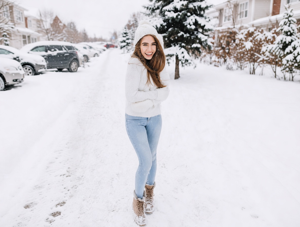 AI-generated full-body portrait of a woman in a white sweater, jeans, and boots, standing in the snow. AI-generated full-body portrait of a woman in a white sweater, jeans, and boots, standing in the snow.