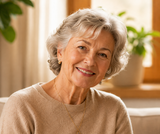 A woman in a navy blue suit, smiling — a sample photo to build a family portrait.