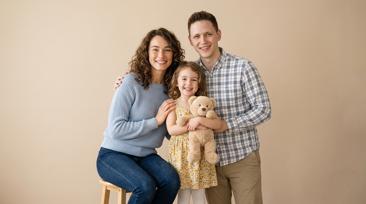 AI-generated family portrait of a smiling family against a clean background.