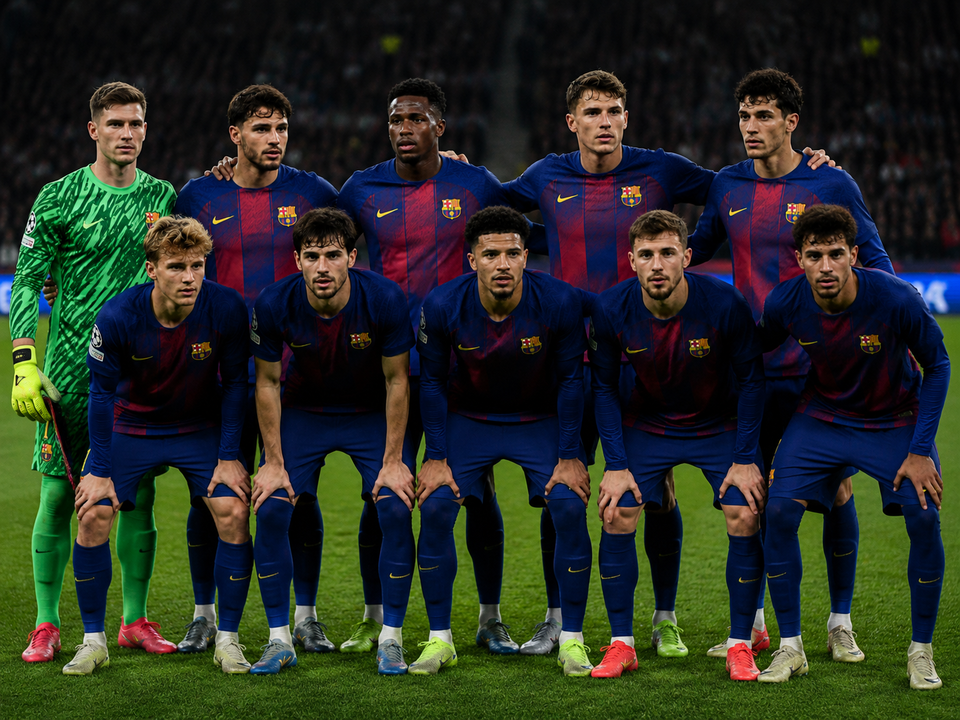 AI-generated soccer team group photo — full squad looking at the camera with open eyes on the field