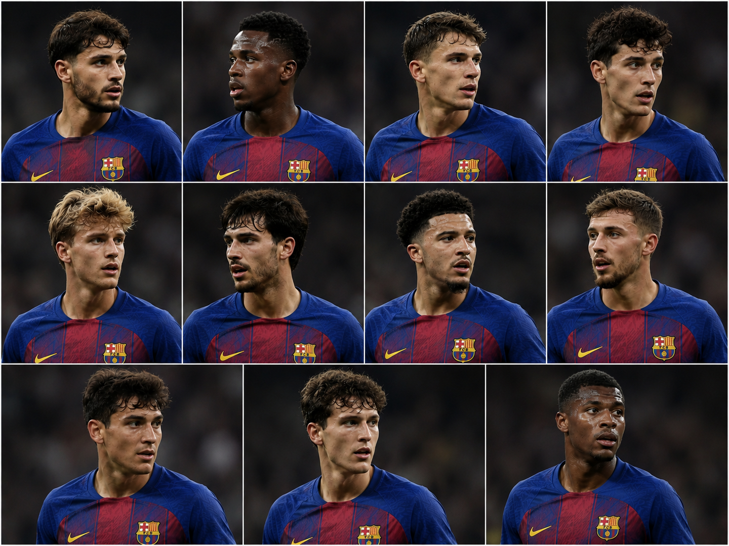 Soccer team before AI group photo — players with closed eyes and looking away on the field