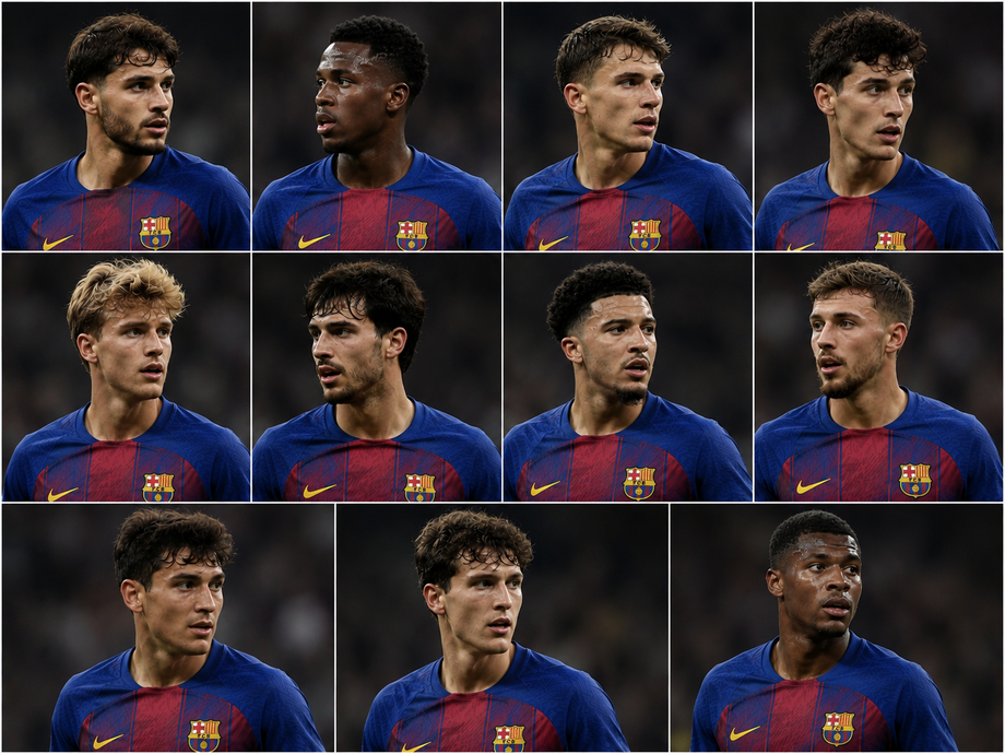 Soccer team before AI group photo — players with closed eyes and looking away on the field