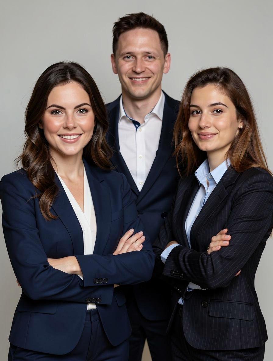 AI-generated team photo of three business professionals in suits, smiling, against a white background.