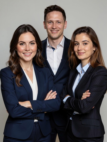 AI-generated team photo of three business professionals in suits, smiling, against a white background. AI-generated team photo of three business professionals in suits, smiling, against a white background.