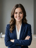 A woman in a navy blue suit, smiling confidently, used as an input to build a team group photo.