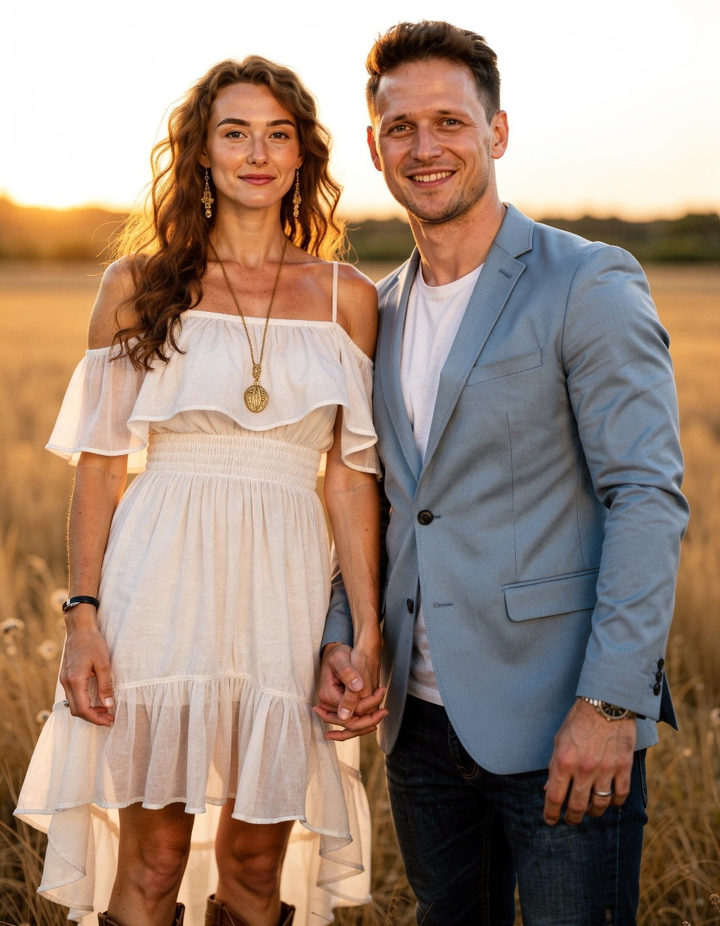 AI-generated couple photo of a man and woman holding hands at sunset in a field, with a colorful sky and lush greenery.
