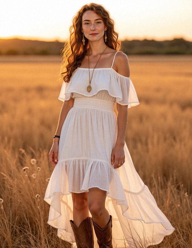 A woman in a white dress and brown boots stands in a field at sunset, with a colorful sky and silhouetted trees in the background.