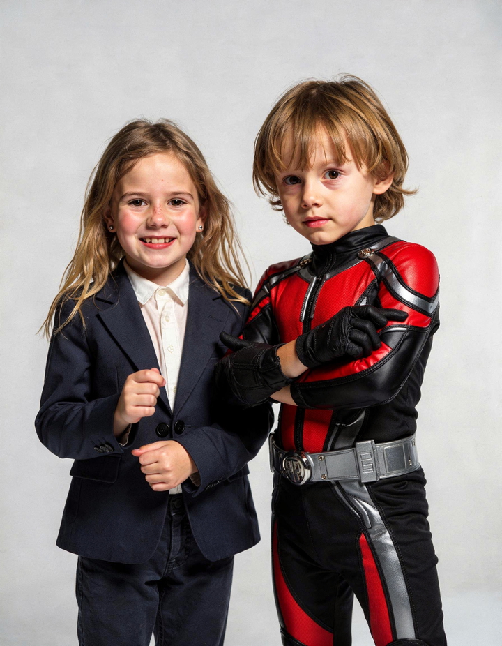 AI-merged group photo of two children in superhero costumes, smiling, with open eyes, standing and posing.