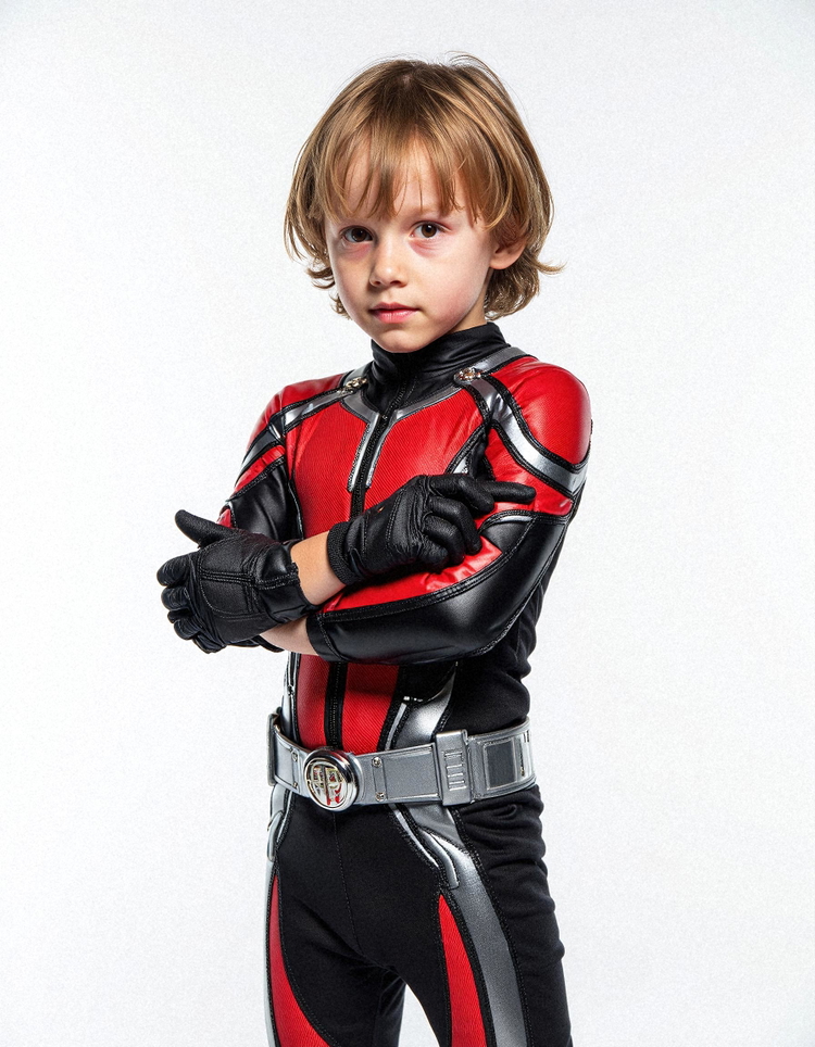 A young boy in a red and black superhero costume, posing alone against a white background.