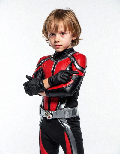 A young boy in a red and black superhero costume, posing alone against a white background. A young boy in a red and black superhero costume, posing alone against a white background.