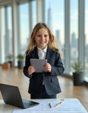 A young girl in a business suit smiling, holding a tablet, with a laptop, papers, and a pen on a table, plants and glass doors in the background.